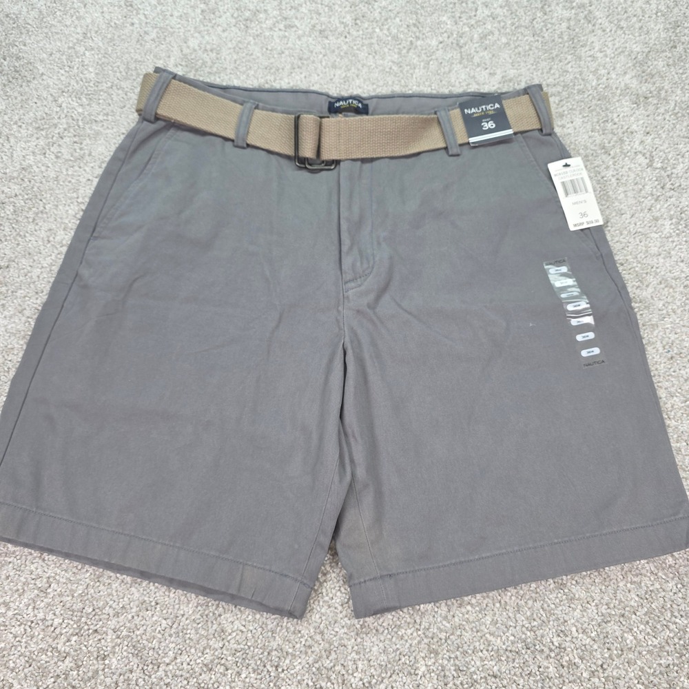 Nautica Mens 36 Chino Shorts Castlerock Gray Cotton Flat Front With Belt BC6102